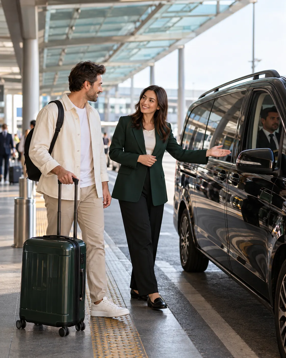 A coordinator meeting a traveller at Istanbul airport next to a private car