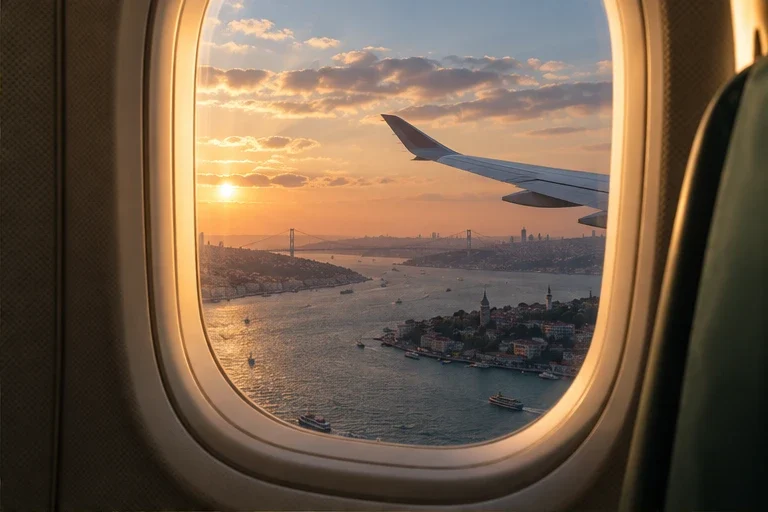 An aircraft window over the Bosphorus, Istanbul