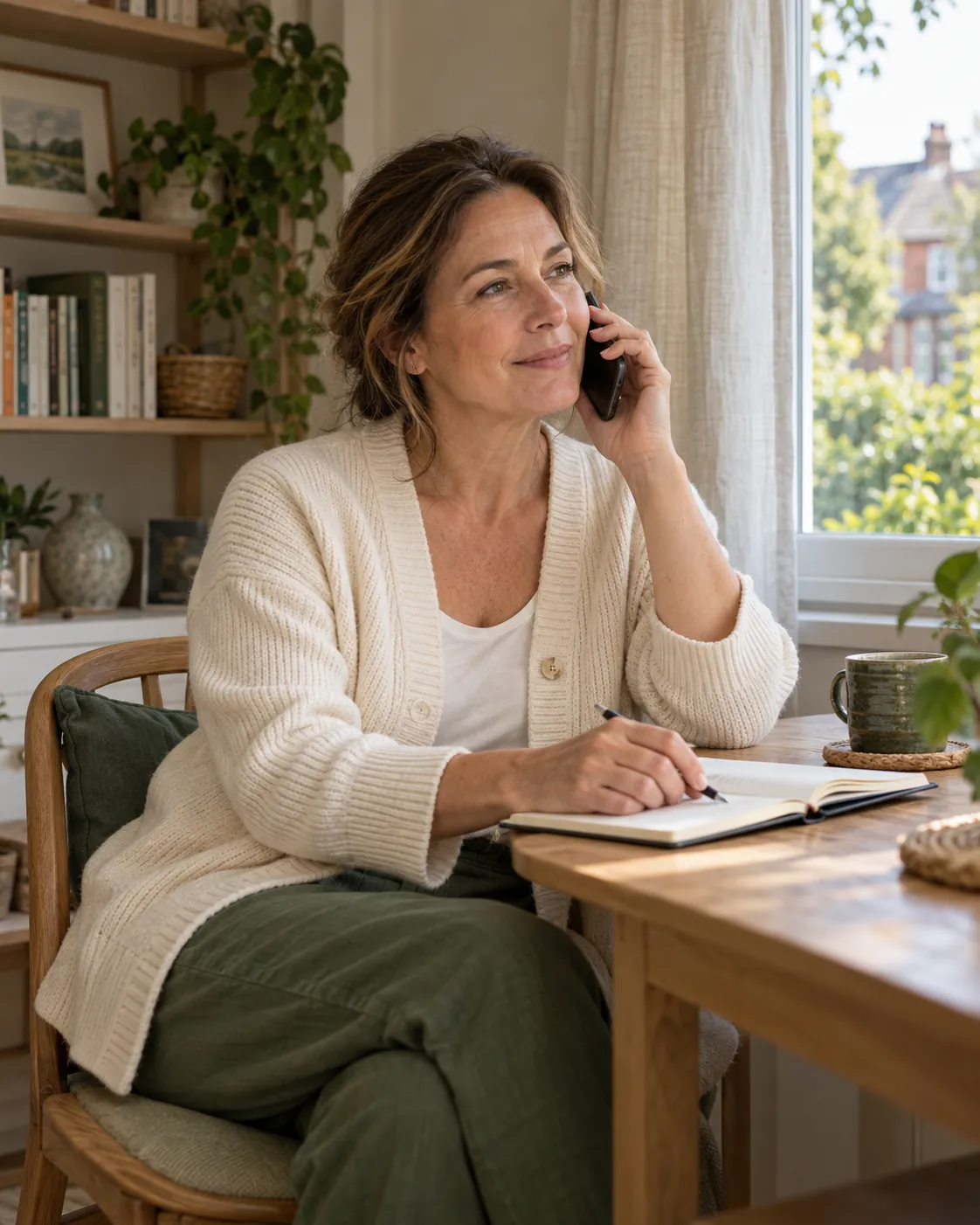 A woman at home talking on the phone and taking notes