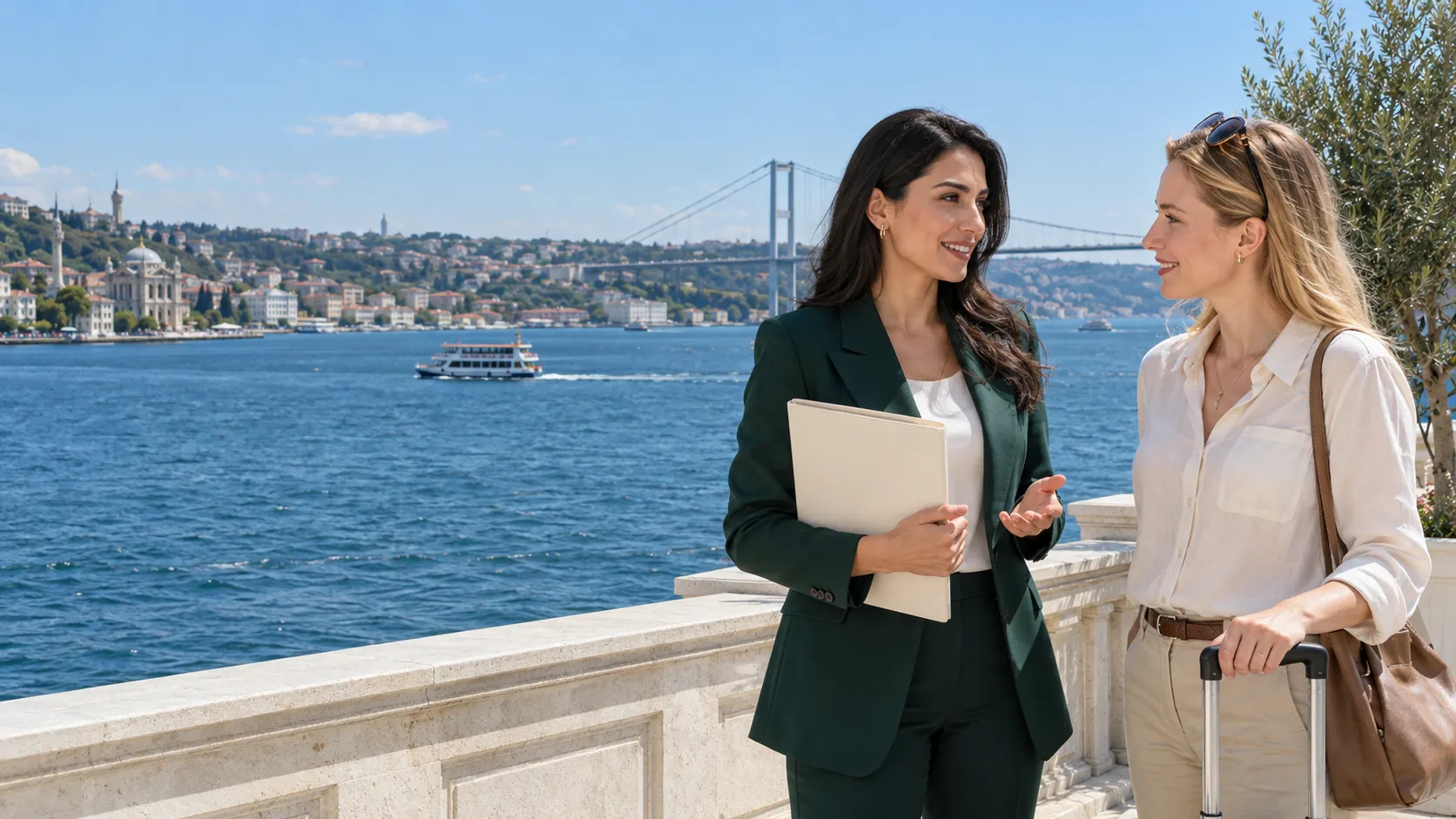 A coordinator welcoming a guest on a terrace by the Bosphorus, Istanbul