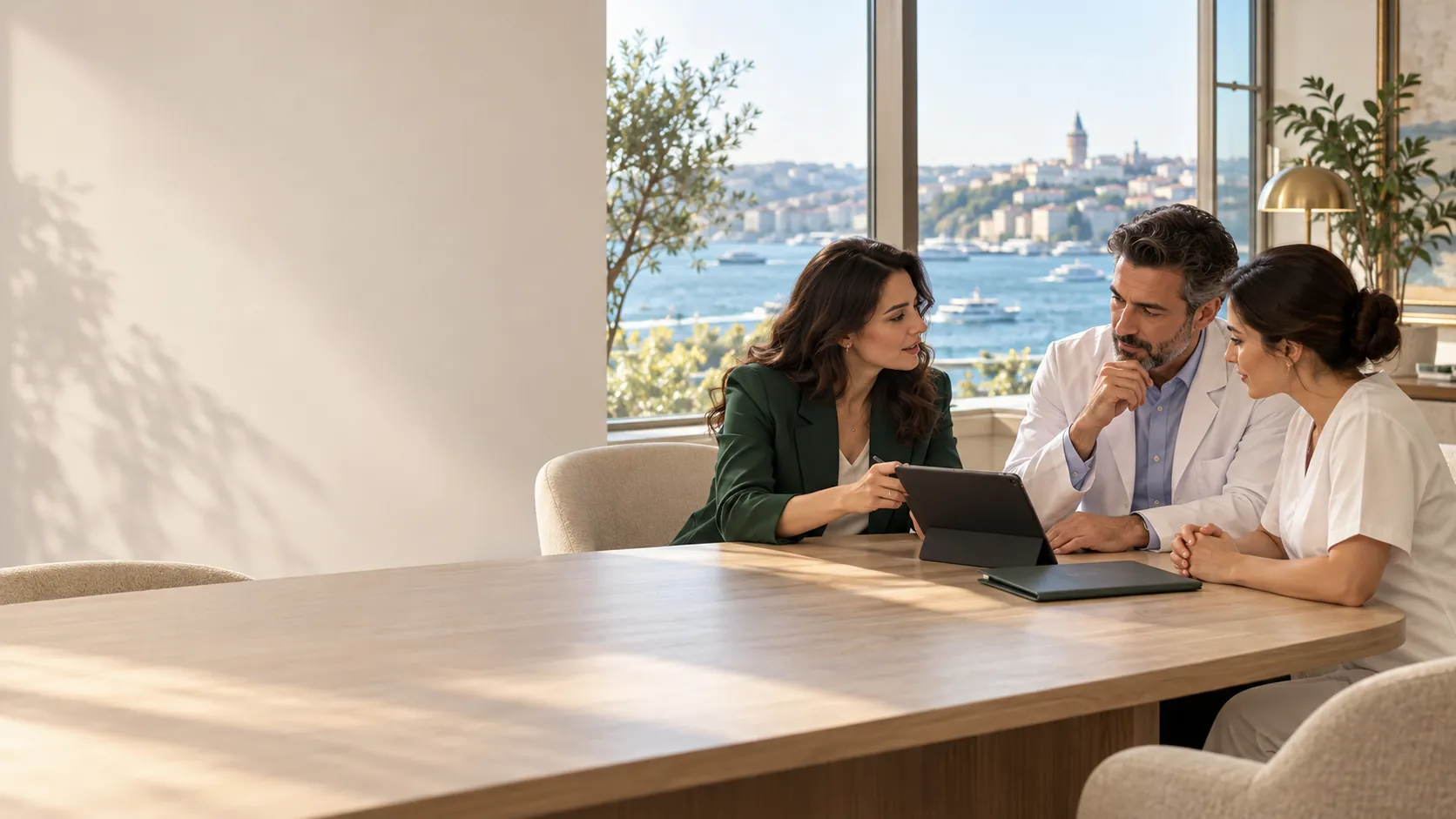 A coordinator and a medical team reviewing a treatment plan by a window over the Bosphorus, Istanbul