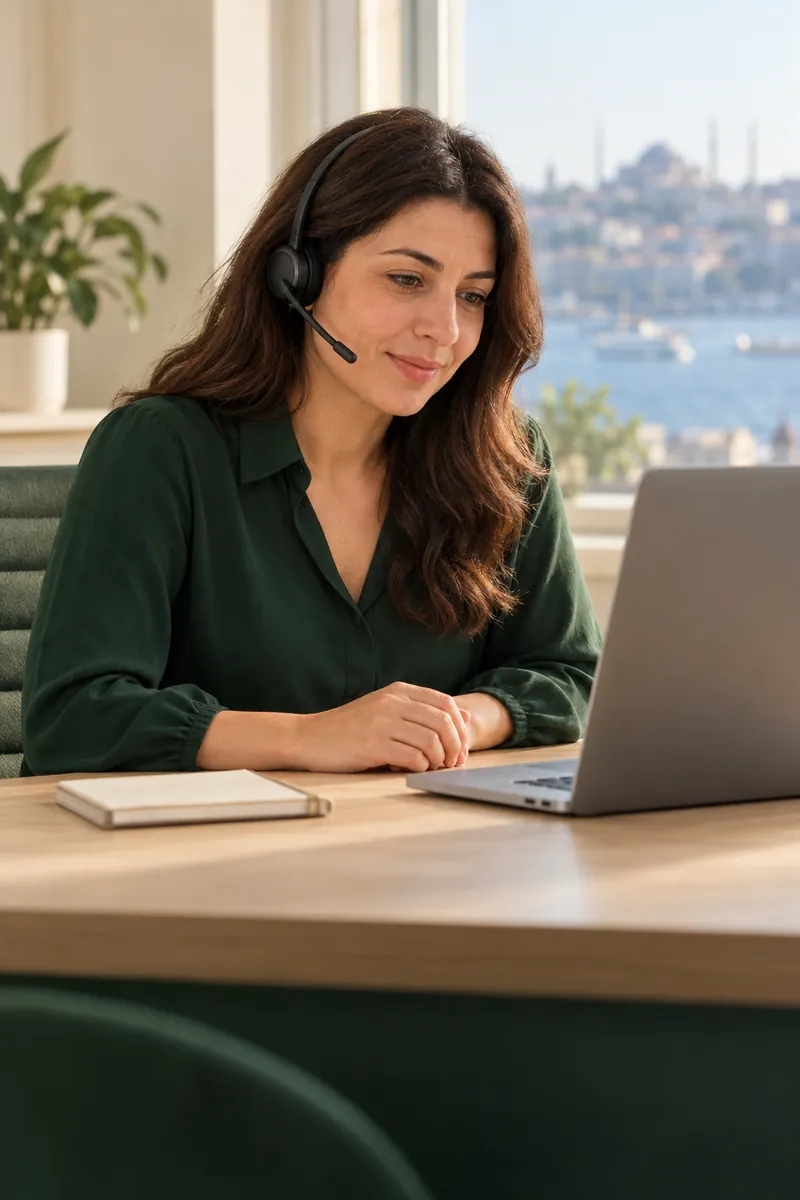 A coordinator with a headset answering a patient from an office overlooking Istanbul