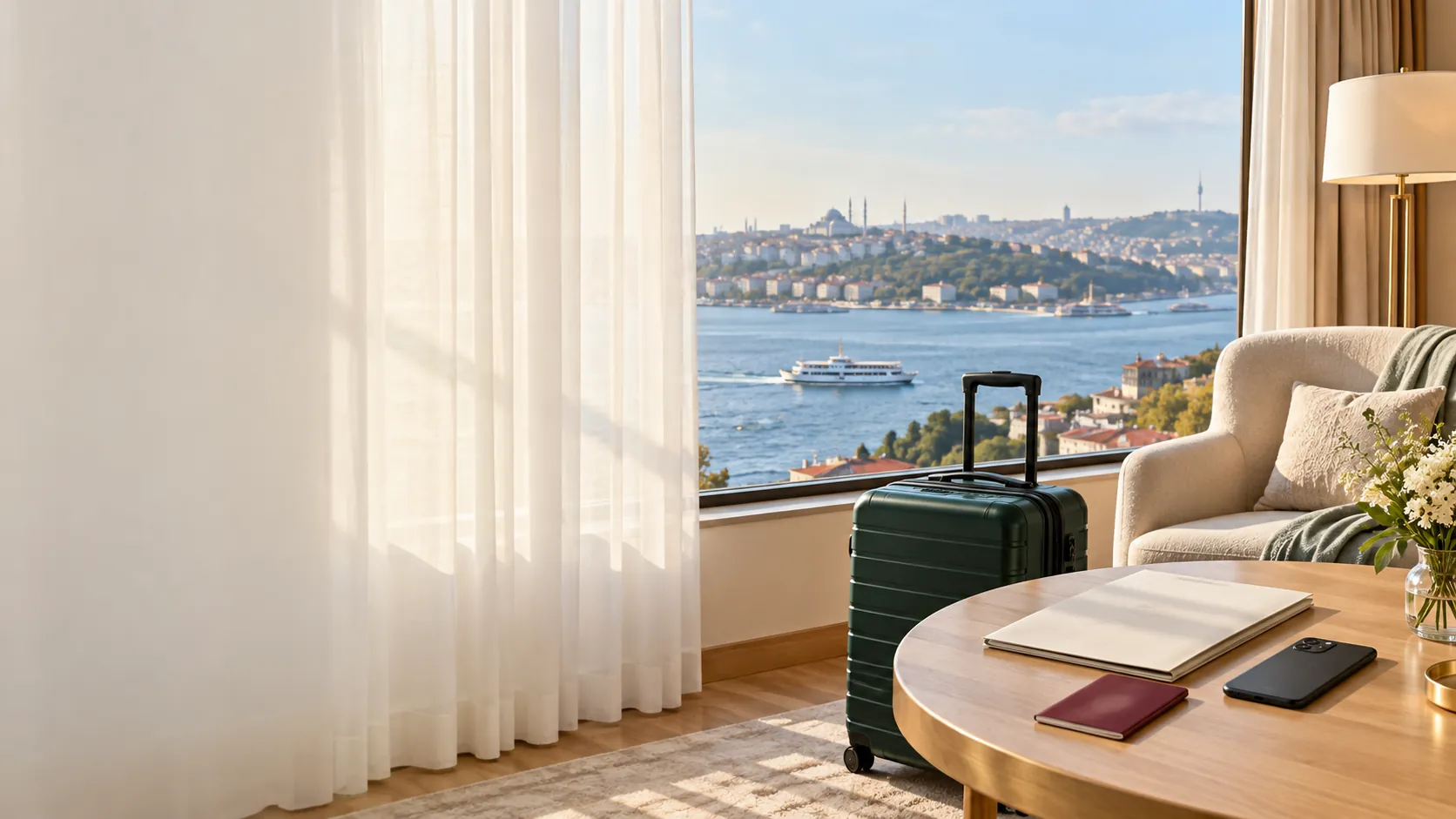 A hotel room overlooking the Bosphorus with a suitcase and travel documents, Istanbul