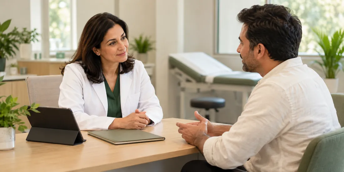 A physician talking with a patient during a consultation